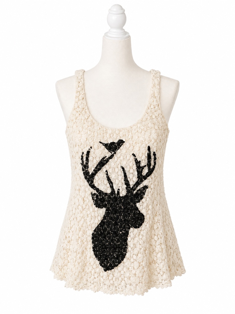 Y2K Judith March Lace Tank Top Deer Graphic | Crochet Racerback Boho Top Small